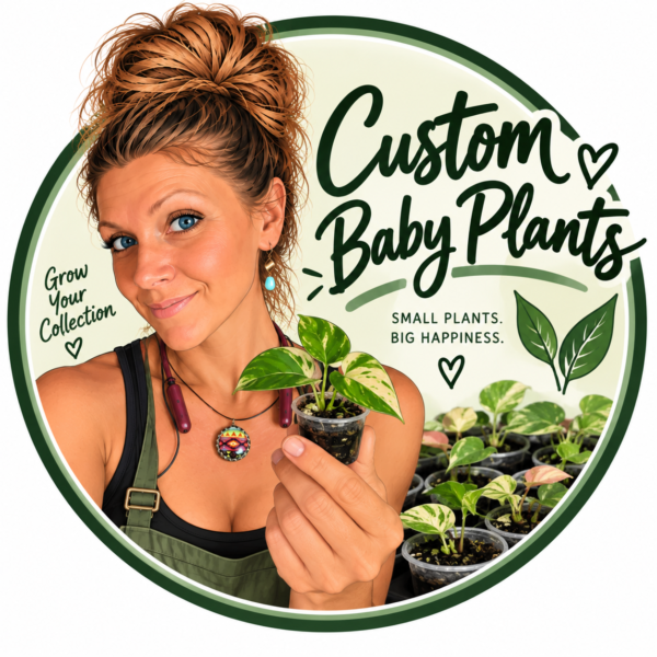 Custom baby plants - Meghan the Plant Momma holding a rooted pothos start beside trays of propagations