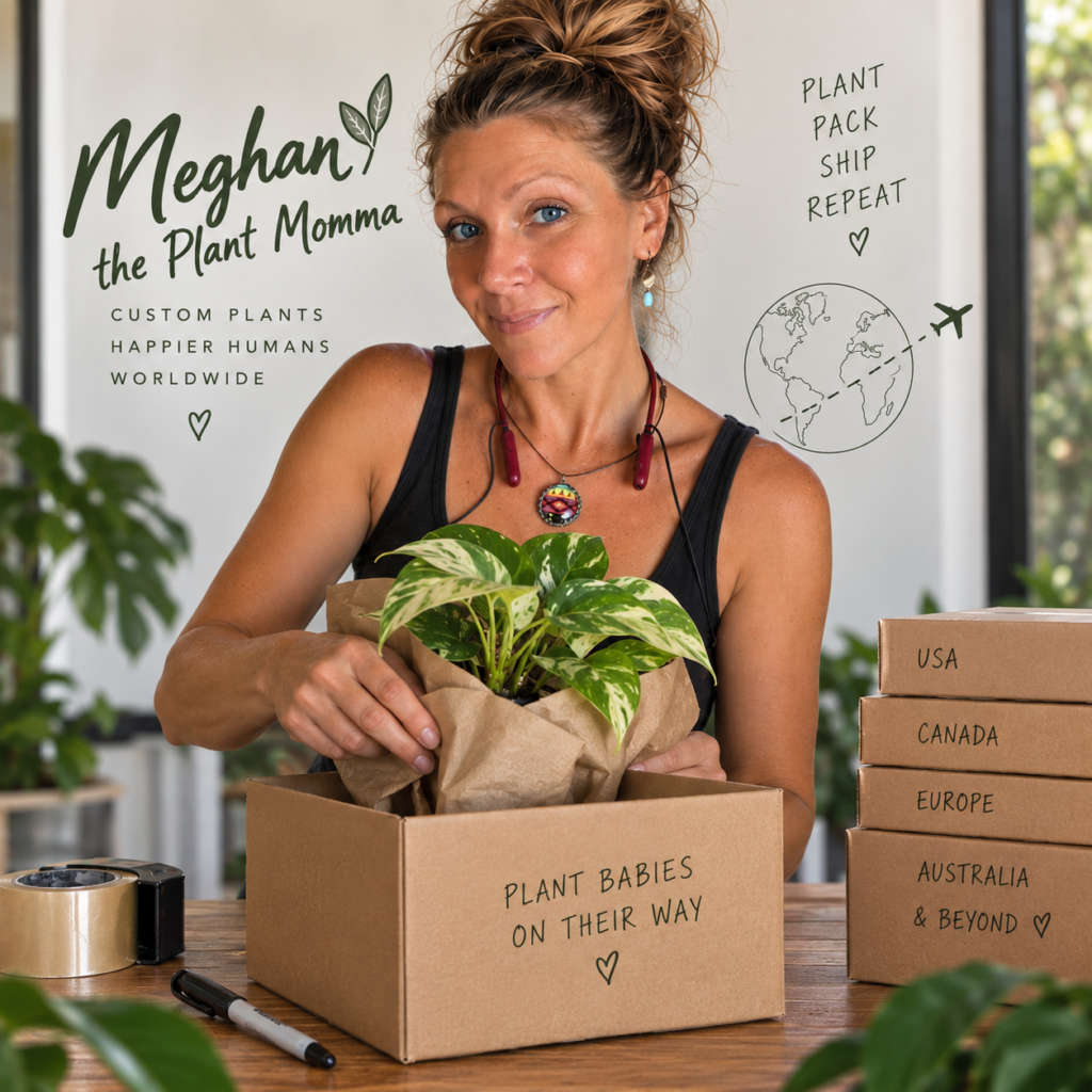 Meghan the Plant Momma boxing a plant for shipping, with parcels labelled USA, Canada, Europe and Australia