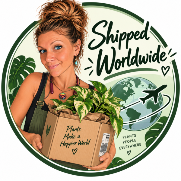 Shipped worldwide - Meghan the Plant Momma holding a boxed plant beside a globe and plane